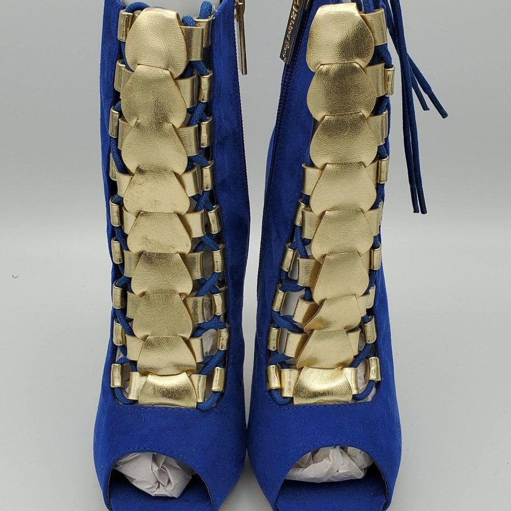 Royal Blue Faux Suede and Gold Leather Booties
